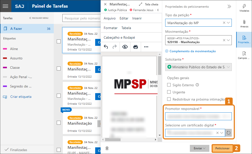 Interface do SAJ - Painel de Tarefas com lista de tarefas à esquerda e detalhes da petição ao centro. Destaques em laranja no campo 'Promotor responsável' e no botão 'Peticionar' no canto inferior direito