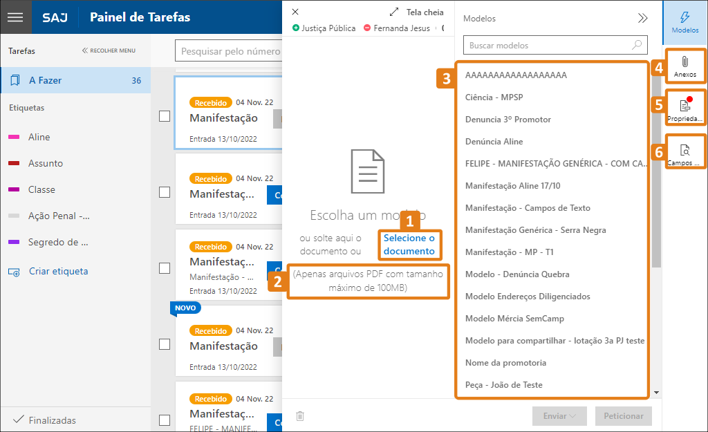 "Painel do sistema SAJ com lista de tarefas à esquerda e janela de seleção de modelos à direita. Destaques em laranja indicam: botão 'Selecione o documento', aviso sobre arquivos PDF, lista de modelos e abas 'Anexos', 'Propriedades' e 'Campos'.