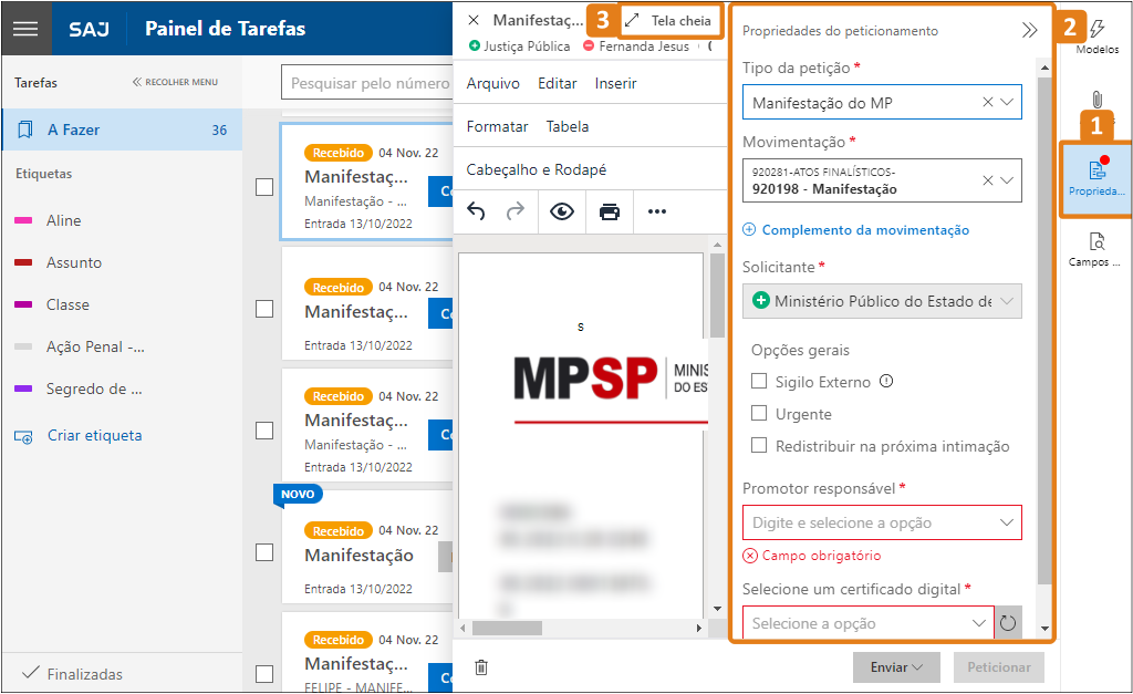 Painel do sistema SAJ com lista de tarefas à esquerda e detalhes da manifestação ao centro. Destaques em laranja nos botões 'Propriedades', 'Modelos' e no ícone 'Tela cheia'