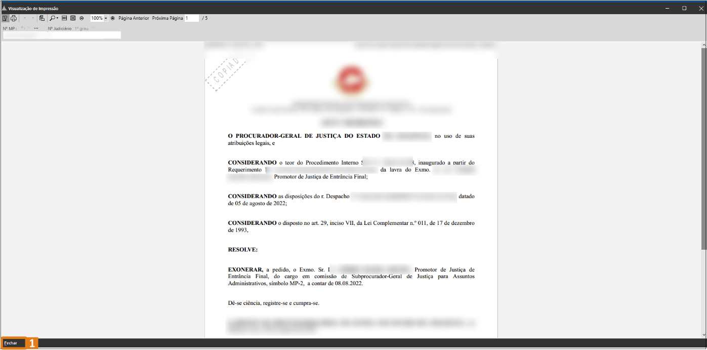 Interface de visualização de documento PDF no sistema SAJ, com barra superior contendo opções de zoom, navegação e impressão de páginas. Na parte inferior esquerda, há um botão destacado em laranja com o texto “Fechar”.