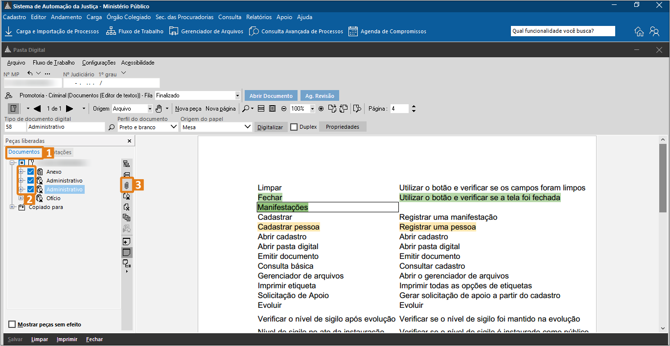 Interface do sistema SAJ na janela Pasta Digital. Destaques em laranja indicam: aba ‘Documentos’, seleção de vários documentos e número ‘3’ no ícone de clipes.