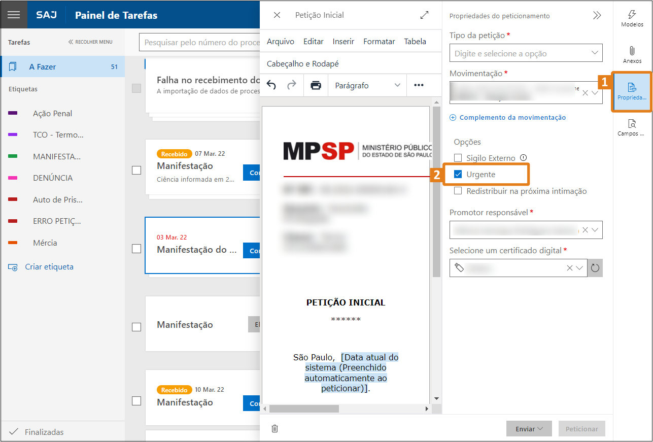 na opcao propriedade marque a caixa seletora Urgente
