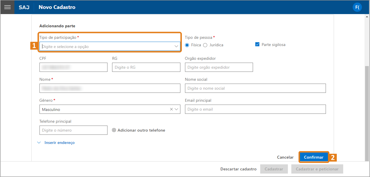 Tela “Adicionando parte” do SAJ com campo “Tipo de participação” e botão “Confirmar” destacados em laranja.