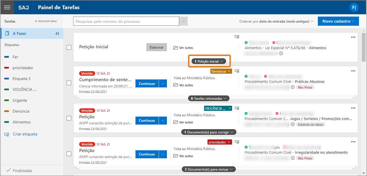 Painel de Tarefas do SAJ com destaque em laranja para a opção “1 Petição inicial”.