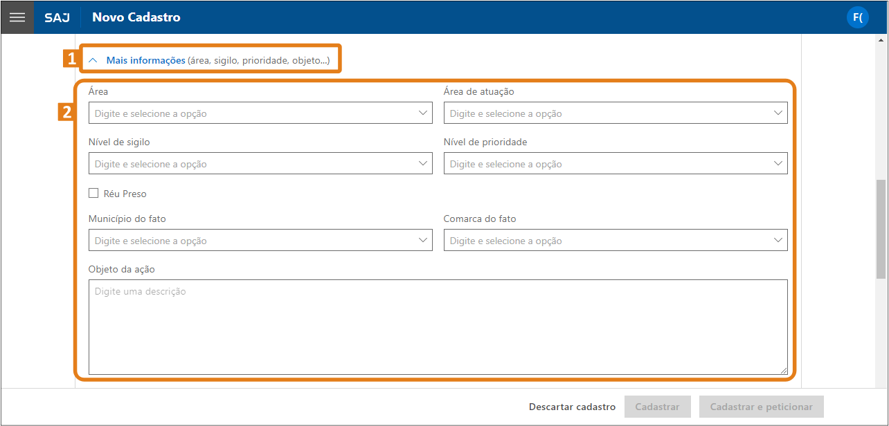Tela “Novo cadastro” do SAJ com a seção “Mais informações” destacada em laranja, exibindo campos para dados adicionais como sigilo, prioridade e objeto da ação.