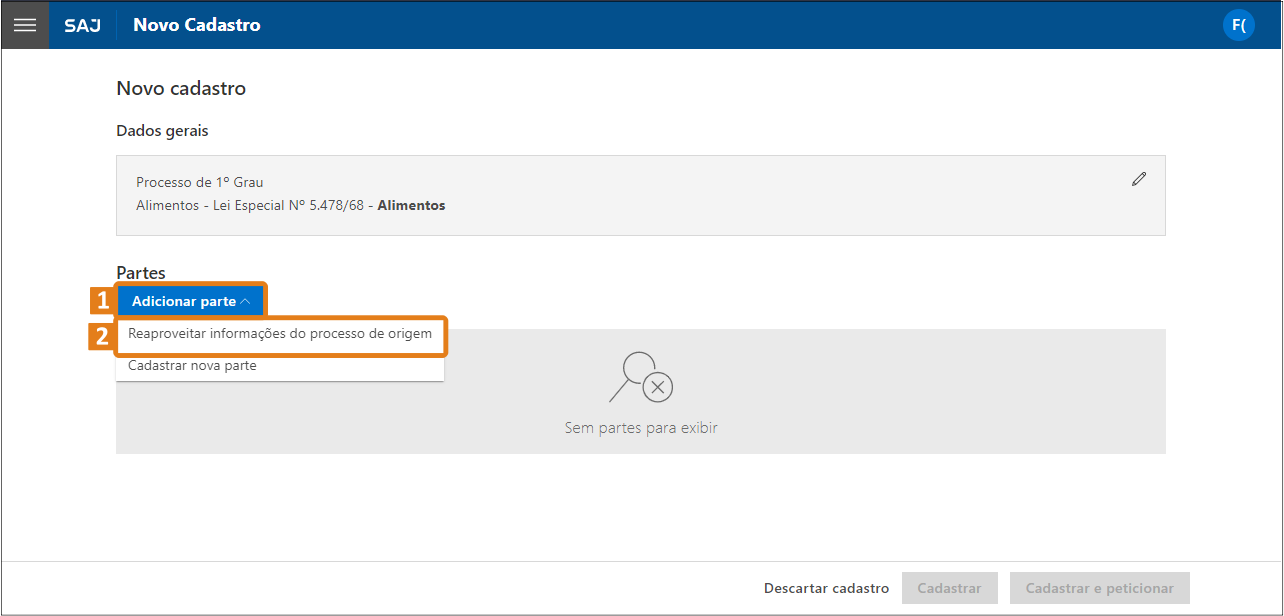 Tela “Novo cadastro” do SAJ com botões destacados em laranja: “Adicionar parte” e “Reaproveitar informações do processo de origem”.