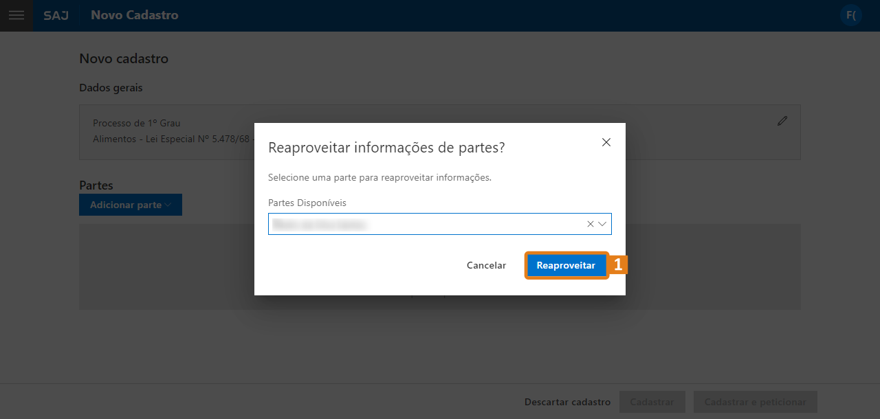 Janela “Reaproveitar informações de partes?” do SAJ com botão “Reaproveitar” destacado em laranja.