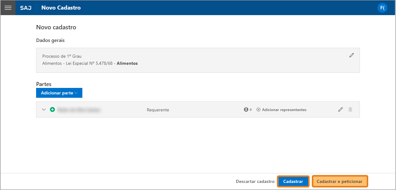 Tela “Novo cadastro” do SAJ com botões “Cadastrar” e “Cadastrar e peticionar” destacados em laranja.
