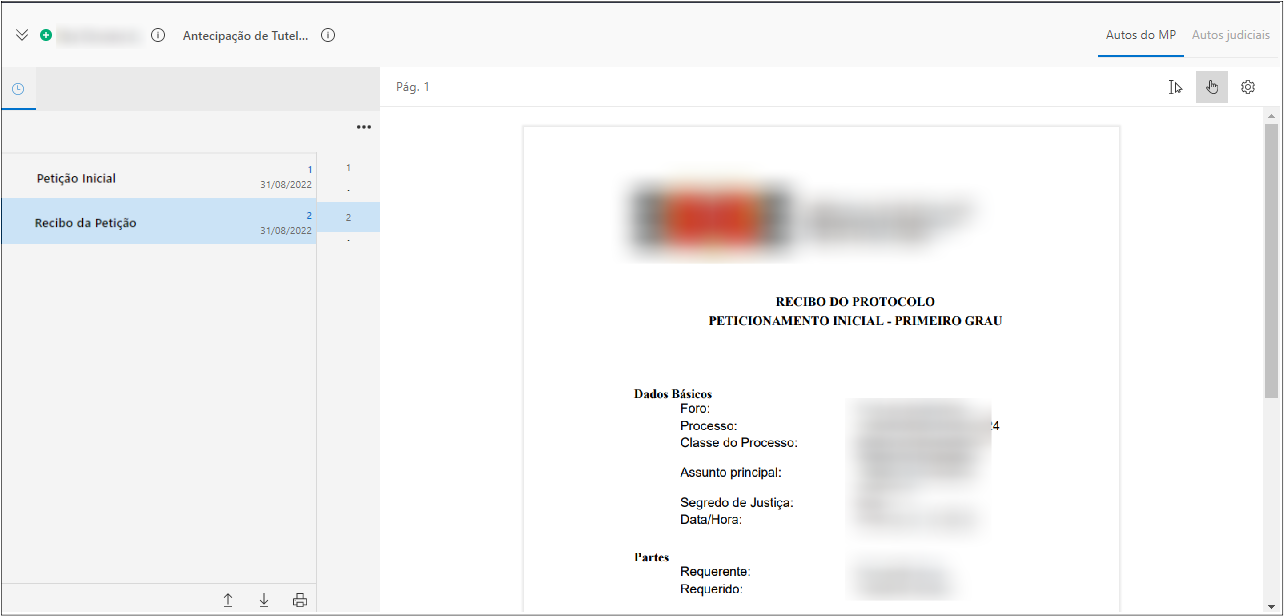 Tela do SAJ exibindo documento “Recibo da Petição” no visualizador, com lista de arquivos à esquerda.