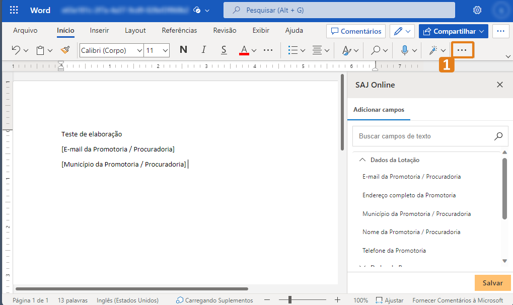 Interface do Microsoft Word com painel “SAJ Online” à direita. Destaque em laranja no botão de reticências (três pontos) no canto superior direito da barra de ferramentas.