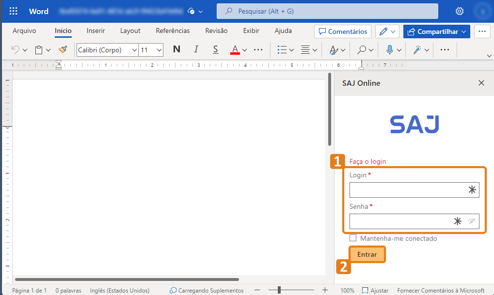 Interface do Microsoft Word com janela de login do SAJ Online à direita. Destaques em laranja: campos obrigatórios “Login” e “Senha”, e botão “Entrar”.