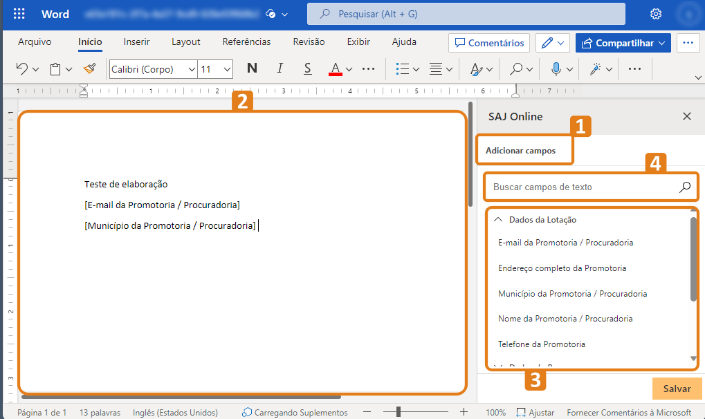Interface do Microsoft Word com painel “SAJ Online” aberto à direita, exibindo opção “Adicionar campos” e lista de campos como “Dados da Lotação” e “E-mail da Promotoria / Procuradoria”. Documento em edição ocupa a área central.