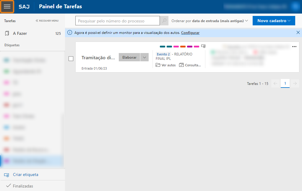 Interface do sistema SAJ no Painel de Tarefas, com menu principal destacado no canto superior esquerdo