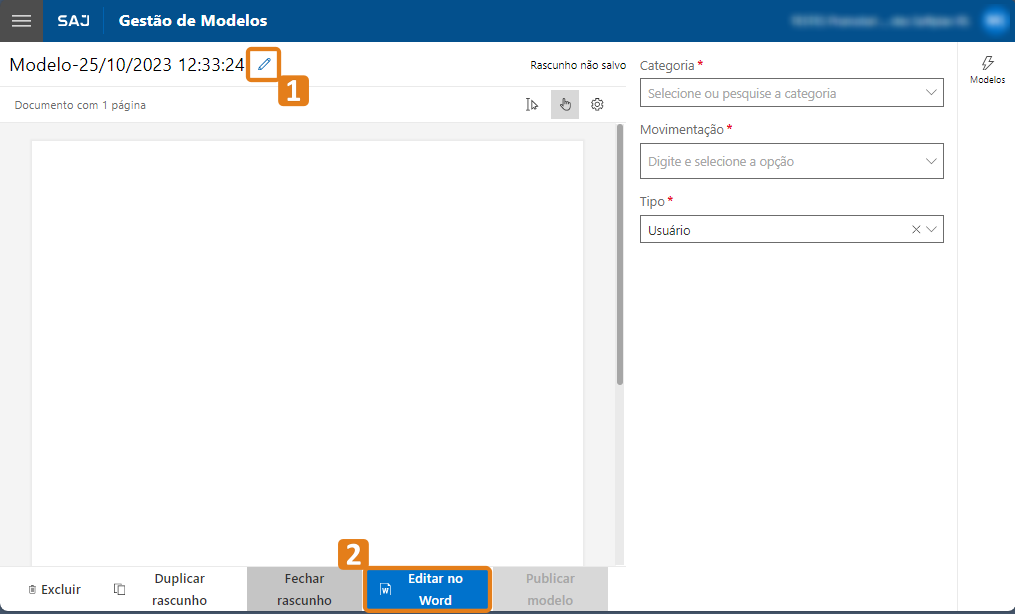 Interface do SAJ na seção Gestão de Modelos. No topo, título “Modelo-25/10/2023 12:33:24” com ícone de lápis destacado em laranja. Na parte inferior, botão “Editar no Word” também com destaque em laranja. À direita, campos para categoria, movimentação e tipo.