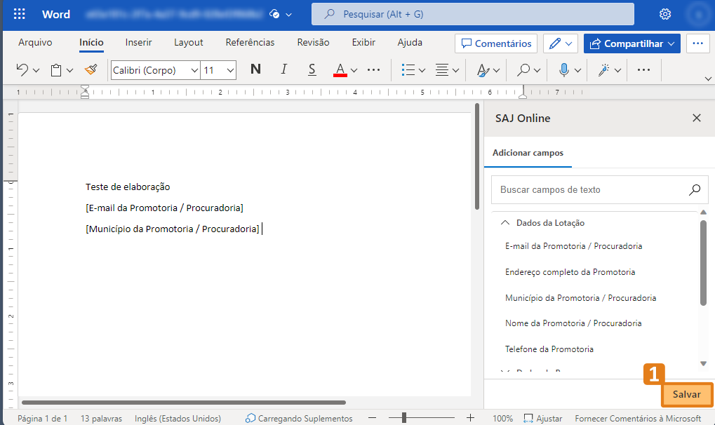 Interface do Microsoft Word com documento em branco e painel “SAJ Online” à direita. Destaque em laranja no botão “Salvar” localizado no canto inferior direito do painel.