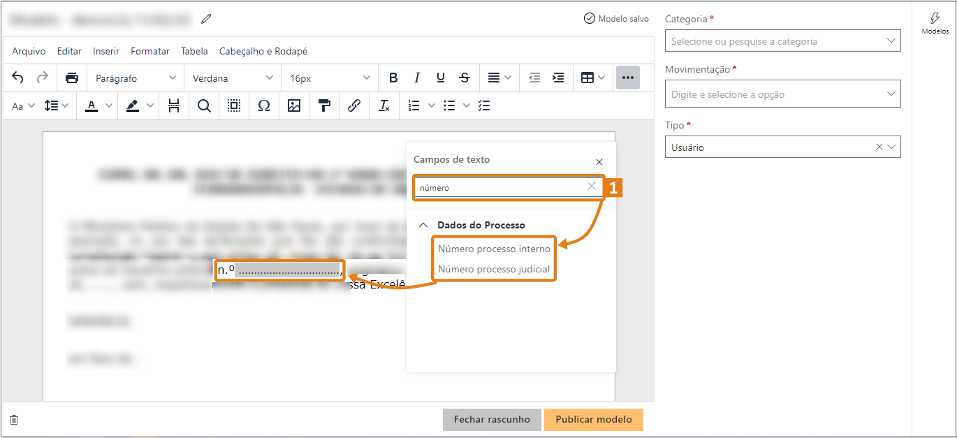 SAJ – Gestão de Modelos. Campo de busca com opções de número de processo e seta destacando a primeira opção. Campos de categoria à direita e botões para fechar ou publicar na parte inferior