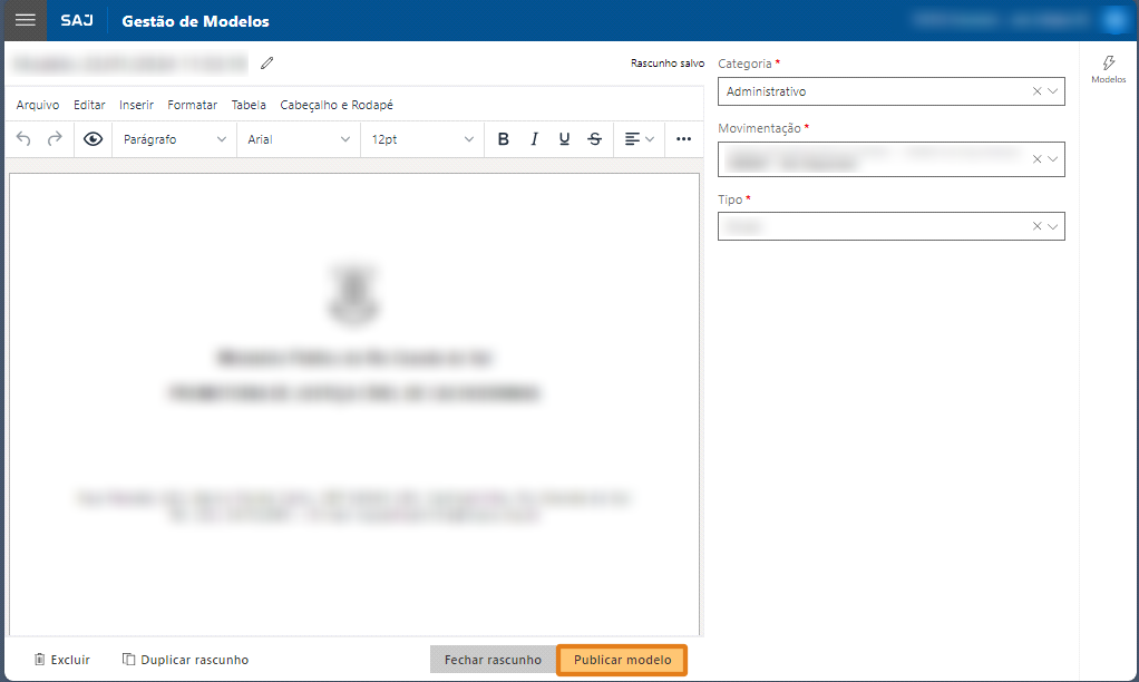 Tela do sistema SAJ – Gestão de Modelos. Área principal com editor de texto e barra superior com menus. Na parte inferior, botões de ação, com destaque em laranja no botão 'Publicar modelo'