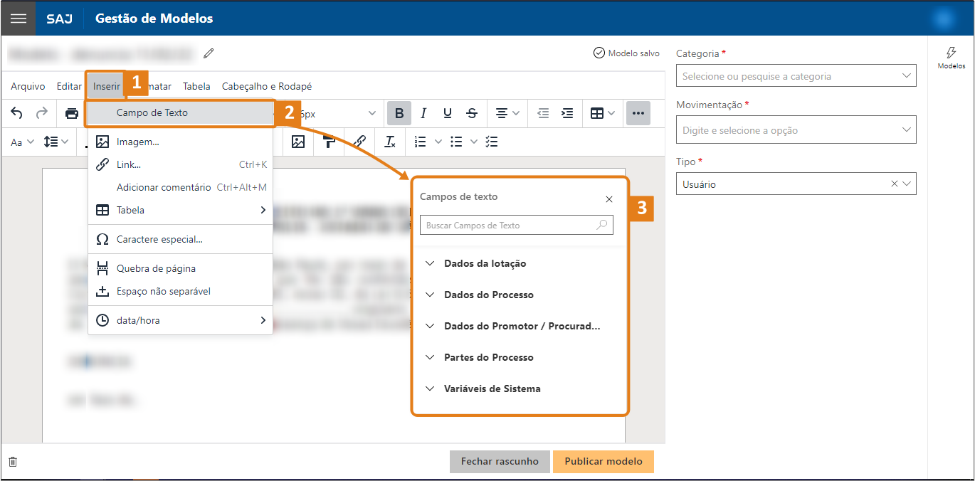 Tela do sistema SAJ – Gestão de Modelos. Barra superior com menus Arquivo, Editar, Inserir, Formatar e outros. Destaque em laranja nos passos para inserir campo de texto: abrir menu Inserir, escolher 'Campo de Texto' e selecionar categoria no menu suspenso. À direita, campos obrigatórios para Categoria, Movimentação e Tipo