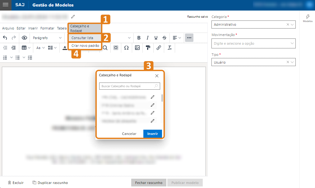 SAJ – Gestão de Modelos. Pop-up 'Cabeçalho e Rodapé' com barra de busca e lista de itens editáveis. Destaque em laranja na opção 'Criar novo padrão'. À direita, campos de categoria e tipo; na parte inferior, botões para excluir, duplicar, fechar ou publicar.