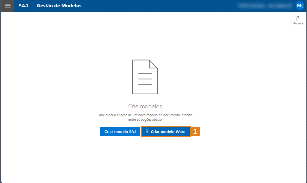 Tela do sistema SAJ na seção ‘Gestão de Modelos’, com opções para criar modelos de documentos. Destaque em laranja no botão ‘Criar modelo Word’, marcado com o número 1.