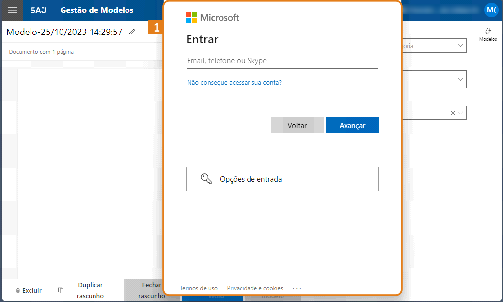 Tela do sistema SAJ com janela de login da Microsoft destacada por borda laranja