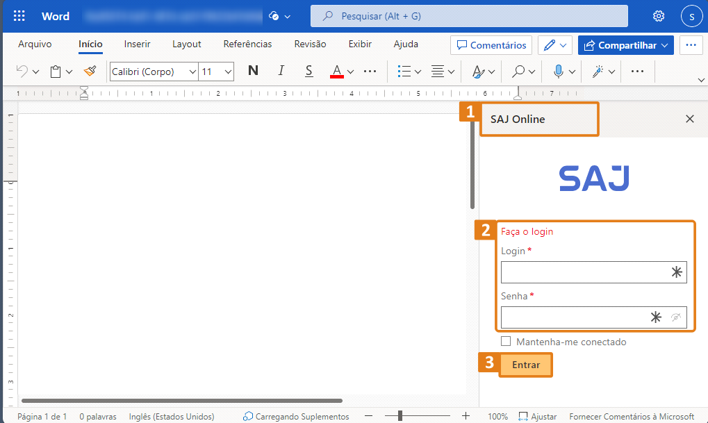 “Interface do Microsoft Word com painel lateral aberto. Destaques em laranja: título ‘SAJ Online’ no topo (1), seção ‘Faça o login’ com campos para Login e Senha (2) e botão ‘Entrar’ abaixo dos campos (3).