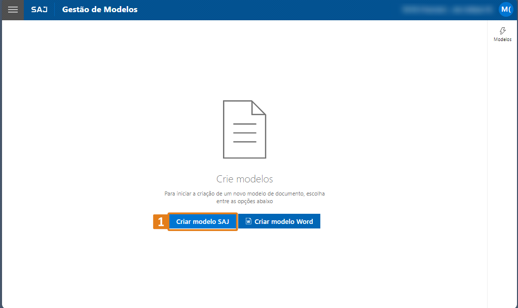 Tela do sistema SAJ na seção 'Gestão de Modelos'. Na parte inferior, destaque em laranja no botão 'Criar modelo SAJ', ao lado do botão azul 'Criar modelo Word'