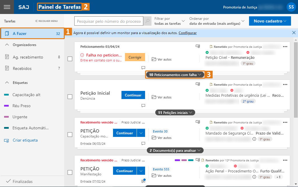 Painel de Tarefas do SAJ com destaques em laranja: “A Fazer” (32 tarefas), título “Painel de Tarefas” e alerta “10 Peticionamentos com falha”.