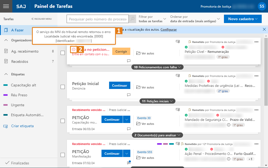 Tela do sistema SAJ exibindo mensagem de erro: “Serviço do MNI do tribunal remoto retornou erro: Localidade Judicial não encontrada (00000) [Identificador: 1]. 2ª no peticionamento. Entre em contato com o suporte para mais informações.”