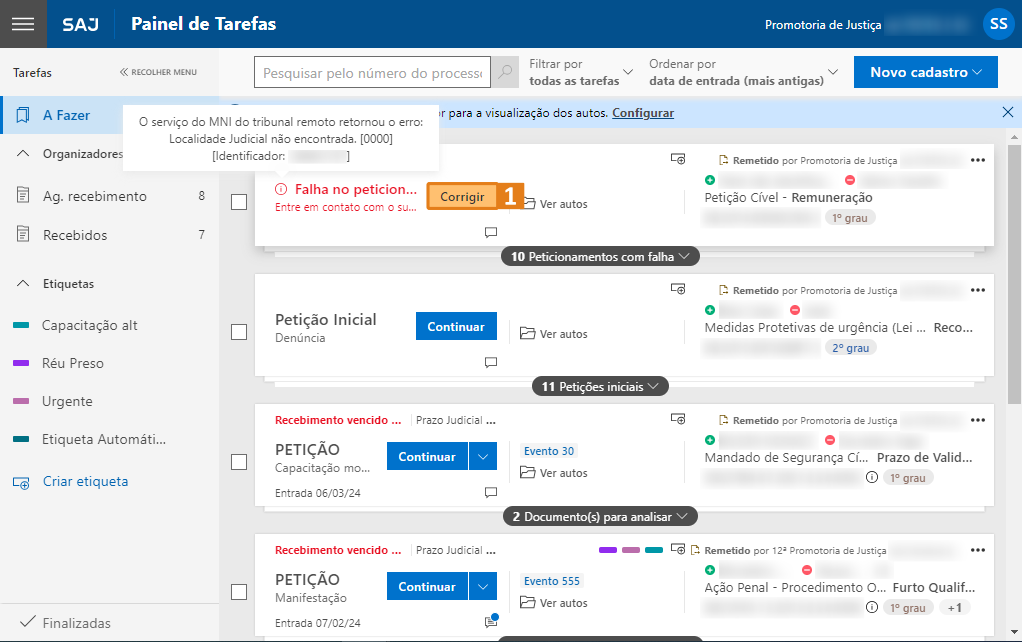 Painel do SAJ com erro em destaque: “Localidade Judicial não encontrada [00000]” e botão “Corrigir” para falha no peticionamento.