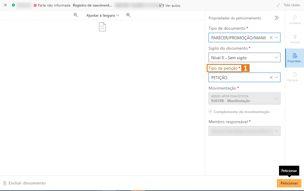Tela do sistema de peticionamento eletrônico do SAJ. No painel “Propriedades do peticionamento”, destaque em laranja para o campo “Tipo da petição” e botão “Peticionar” também em laranja no canto inferior direito.