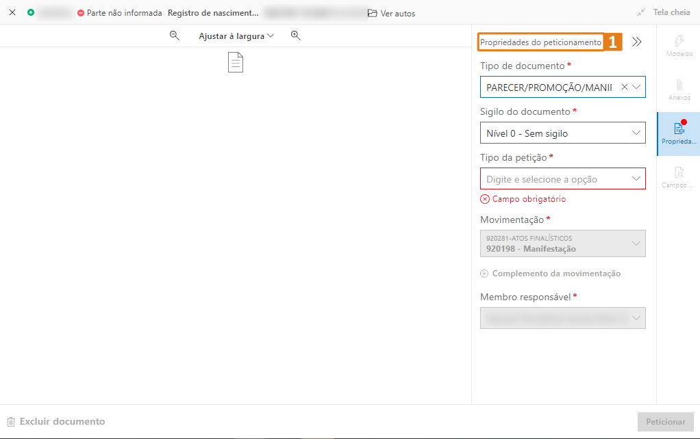 Tela do SAJ com destaque em laranja para “Propriedades do peticionamento”, contendo campos principais e botão “Peticionar”.