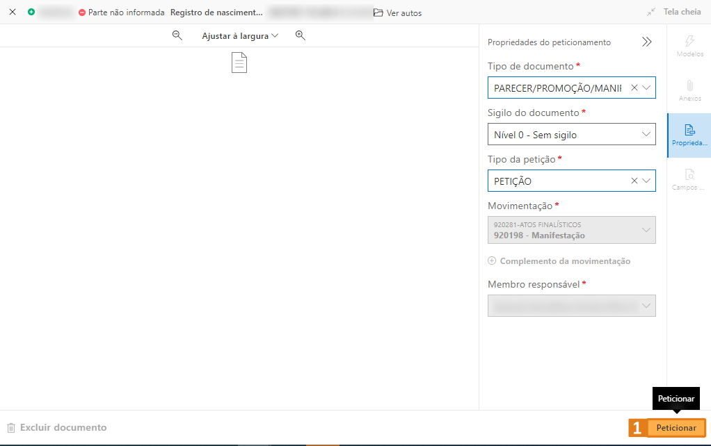 Tela do SAJ com painel “Propriedades do peticionamento” e campos destacados em laranja, além do botão “Peticionar”.
