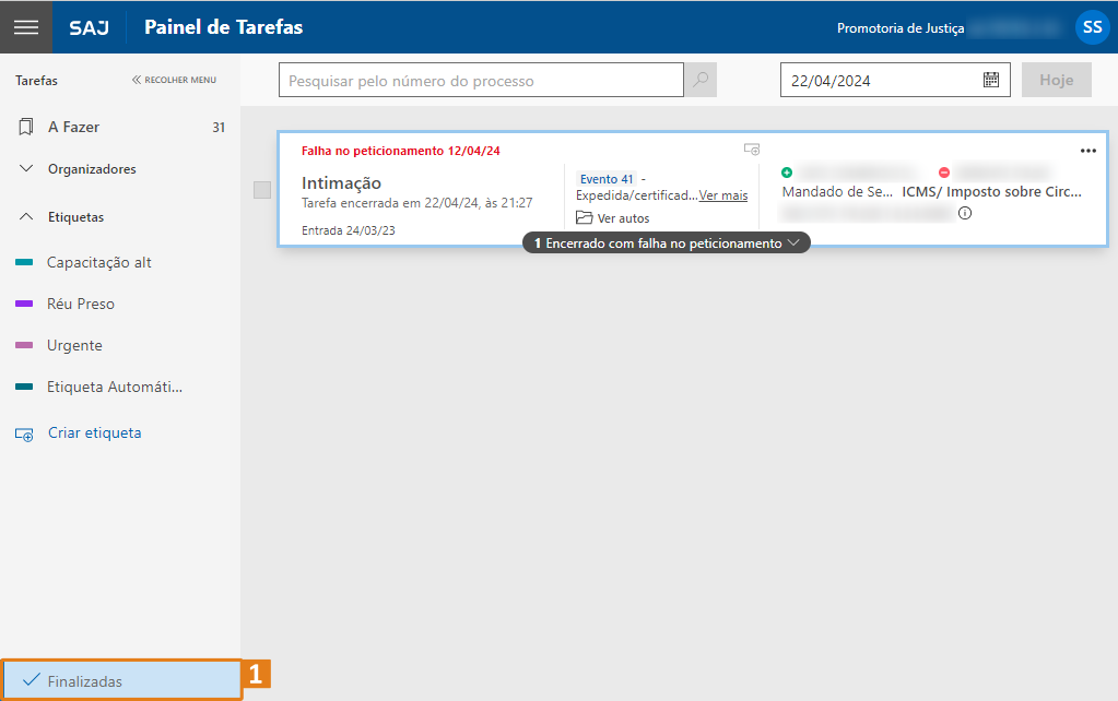 Painel de tarefas do SAJ com destaque em laranja na aba 'Finalizadas',