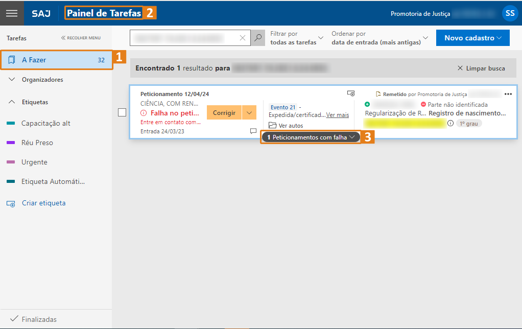 "Painel de tarefas do SAJ com três destaques em laranja: seção 'A Fazer' no menu lateral com 32 tarefas, título 'Painel de Tarefas' na barra superior e marcador '1 Peticionamentos com falha' na lista