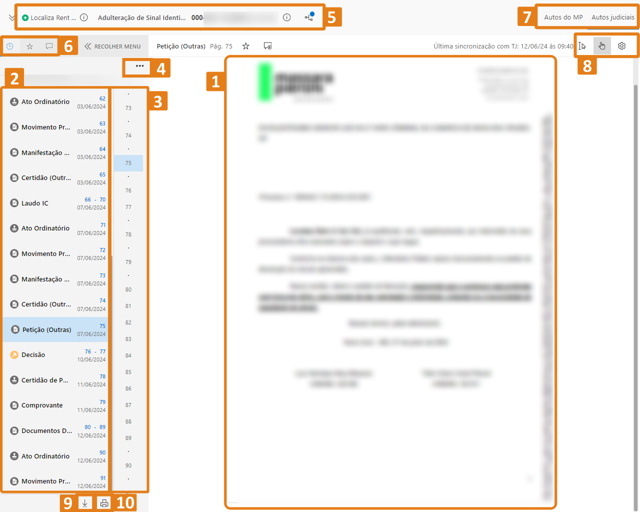 Tela do SAJ Tribunais mostrando o conteúdo do processo e lista cronológica das peças à esquerda. No canto superior direito, opções para alternar entre pastas judicial e interna, além de ferramentas de visualização e impressão