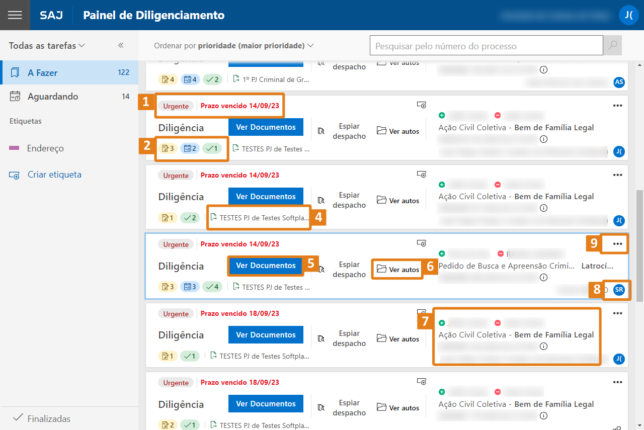 Painel do SAJ com lista de tarefas na aba “A Fazer”. Destaques: etiqueta “Urgente – prazo vencido”, botões “Ver documentos” e “Ver autos”, além de títulos como “Diligência”, “Ação Civil Coletiva” e “Pedido de Busca e Apreensão”.