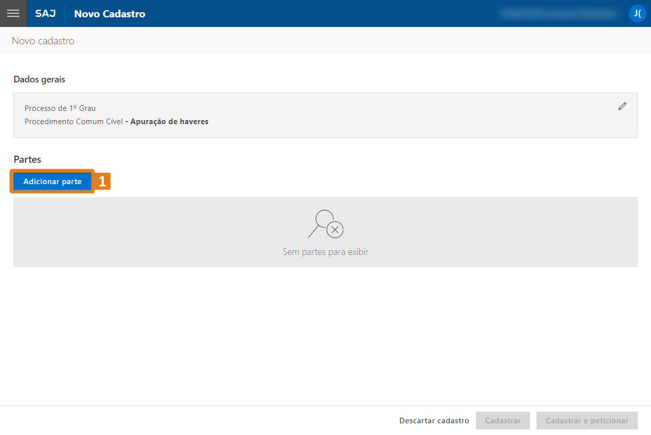 Tela do sistema SAJ na seção ‘Novo Cadastro’. Em destaque, botão laranja ‘Adicionar parte’ na área ‘Partes’