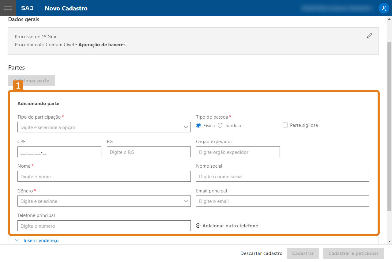 Formulário de cadastro no sistema SAJ com destaque em laranja na seção ‘Adicionando parte’, contendo campos obrigatórios para dados pessoais e opções de sigilo