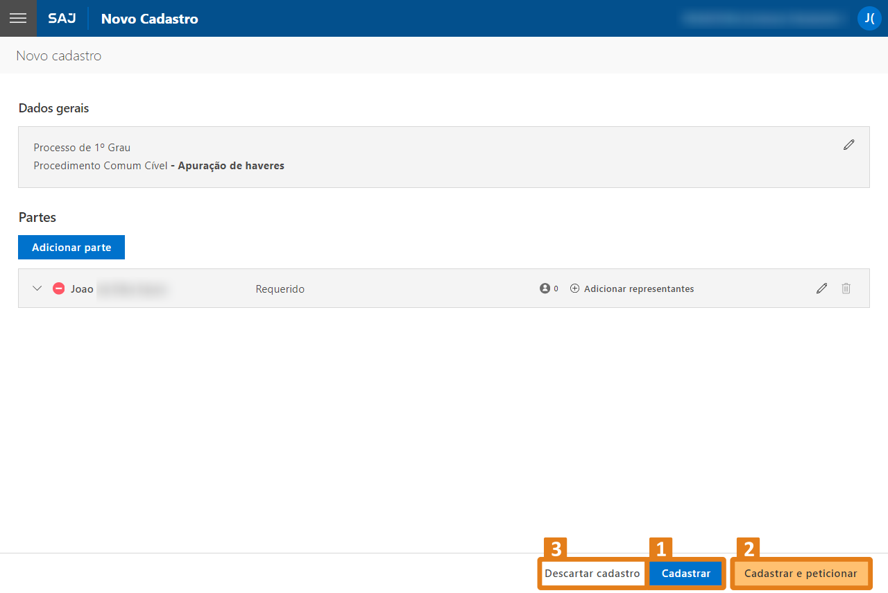 Tela de novo cadastro no sistema SAJ com três botões destacados em laranja na parte inferior: ‘Cadastrar’, ‘Cadastrar e peticionar’ e ‘Descartar cadastro’.