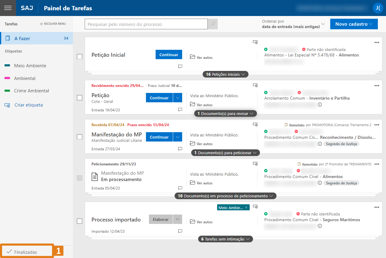 Painel de tarefas do sistema SAJ com lista de processos. No canto inferior esquerdo, destaque em laranja no botão ‘Finalizadas’