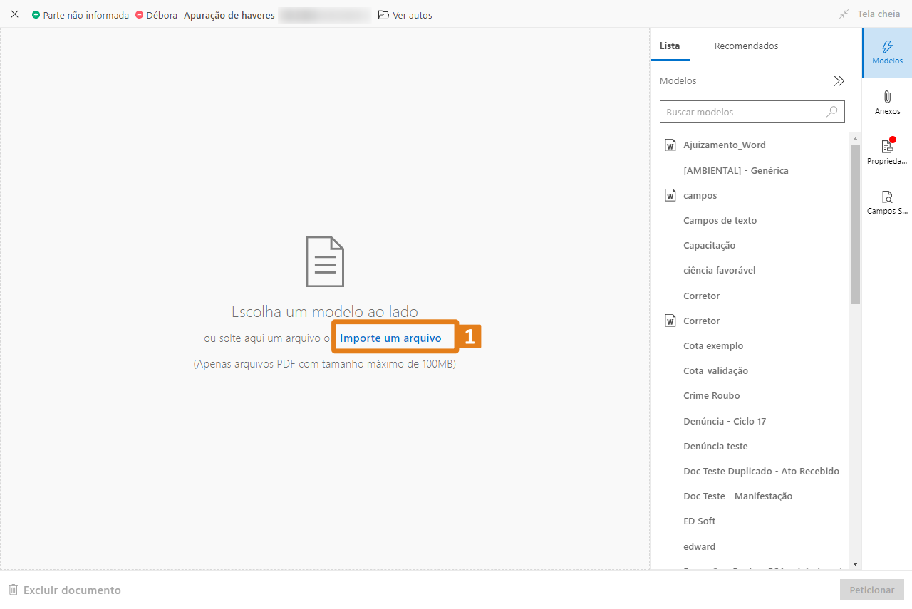 Tela de importação de documentos no sistema SAJ com destaque em laranja no botão ‘Importe um arquivo’, abaixo da instrução para escolher um modelo ou soltar um arquivo