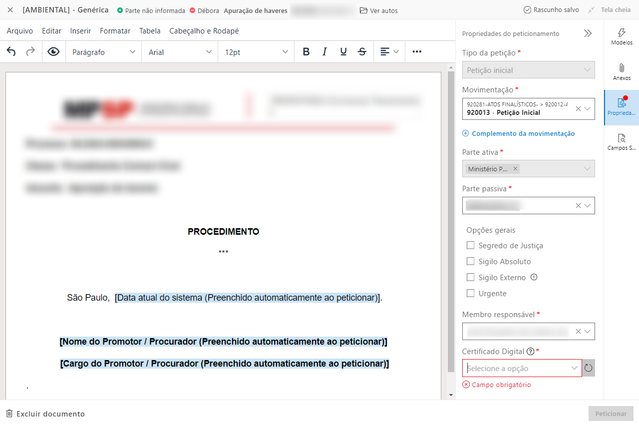 Tela de edição de petição inicial no SAJ com campos obrigatórios no painel lateral.