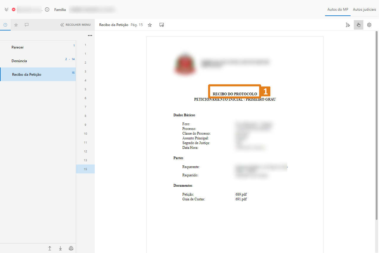 Tela do sistema jurídico exibindo documento com destaque em laranja no texto ‘RECIBO DO PROTOCOLO