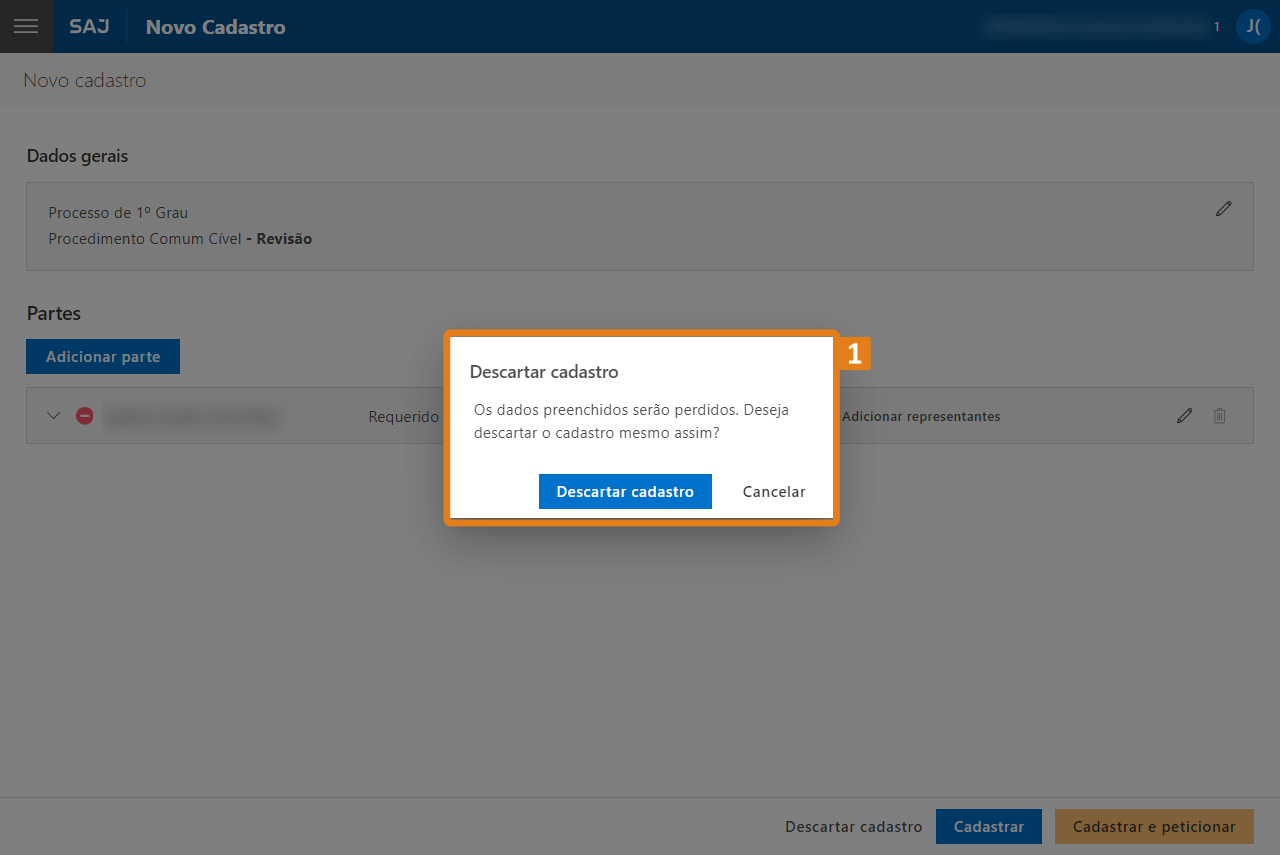 Janela de confirmação no sistema SAJ com destaque em laranja na mensagem ‘Descartar cadastro’. Exibe aviso sobre perda de dados e botões ‘Descartar cadastro’ e ‘Cancelar’