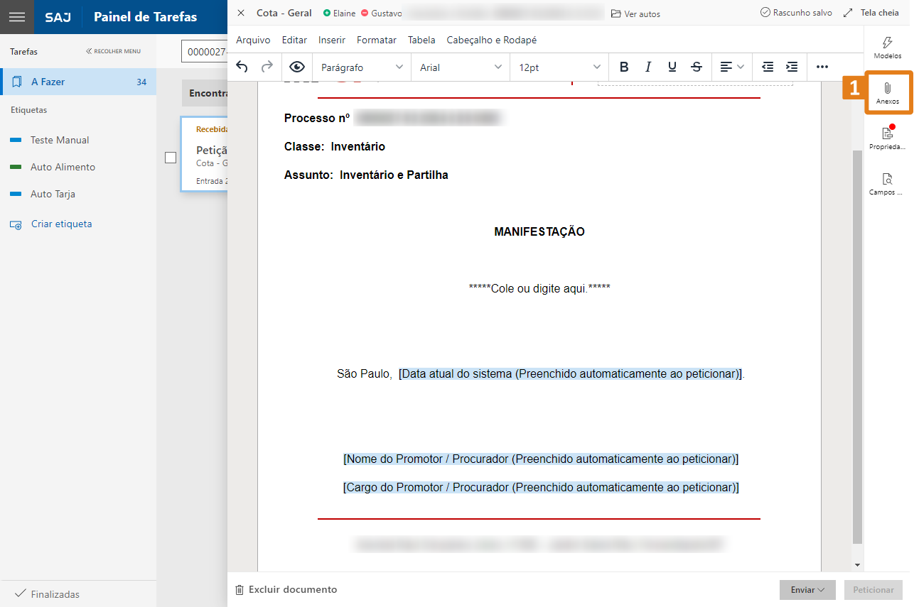 Interface do sistema SAJ com painel de tarefas à esquerda e documento aberto à direita. No canto superior direito do documento, há um botão destacado em laranja chamado “Anexos”,