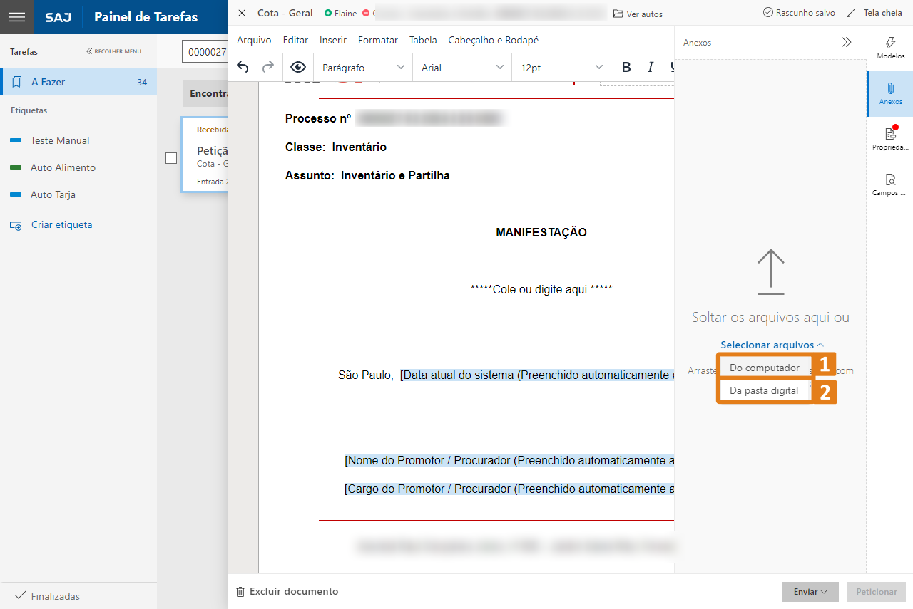 Tela do SAJ com documento aberto e painel de tarefas à esquerda. Destaques em laranja: campos automáticos no documento e opções “Do computador” e “Da pasta digital” para anexos.
