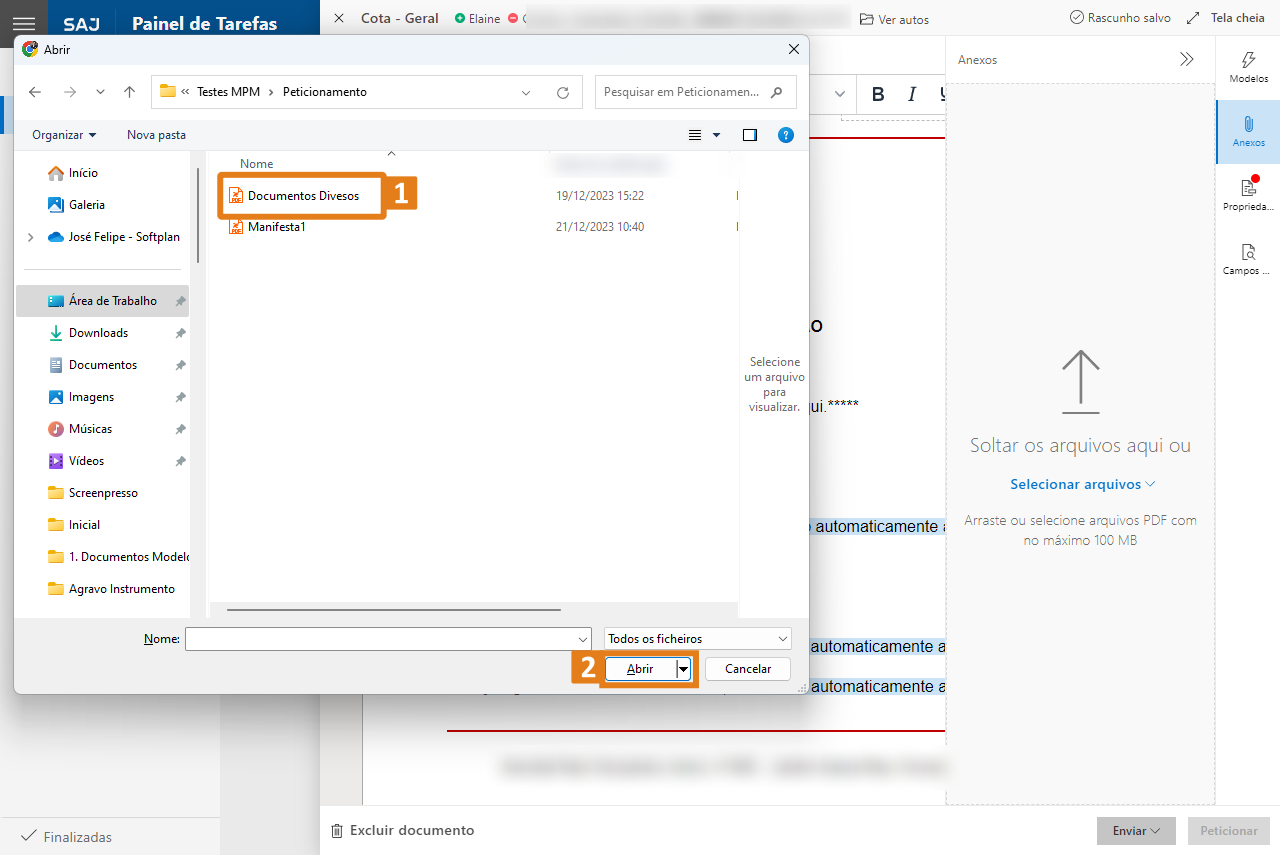 Janela do sistema SAJ para seleção de arquivos com duas opções destacadas em laranja: “Documentos Diversos” e botão “Abrir”.