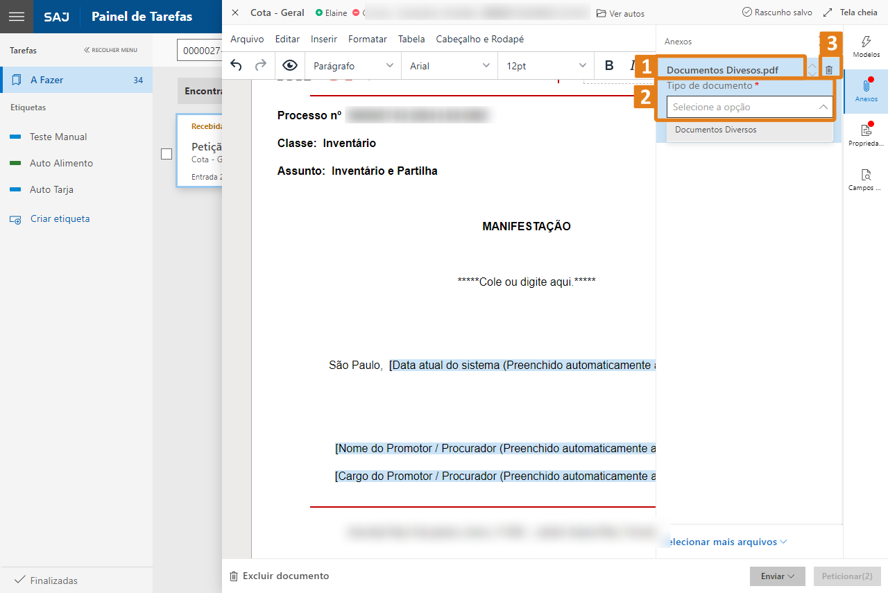 Tela do sistema SAJ com documento de inventário e partilha aberto. No canto superior direito, destaques em laranja para “Documentos Diversos.pdf”, campo “tipo de documento”* e ícone de lixeira.