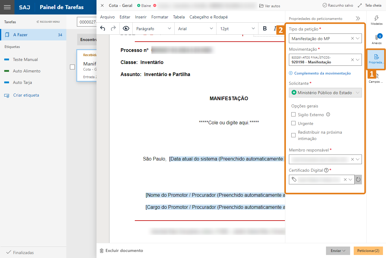 Tela do sistema SAJ com documento de manifestação aberto. À direita, destaque em laranja para a seção “Propriedades do peticionamento”, contendo campos como Tipo da petição, Movimentação e Solicitante.